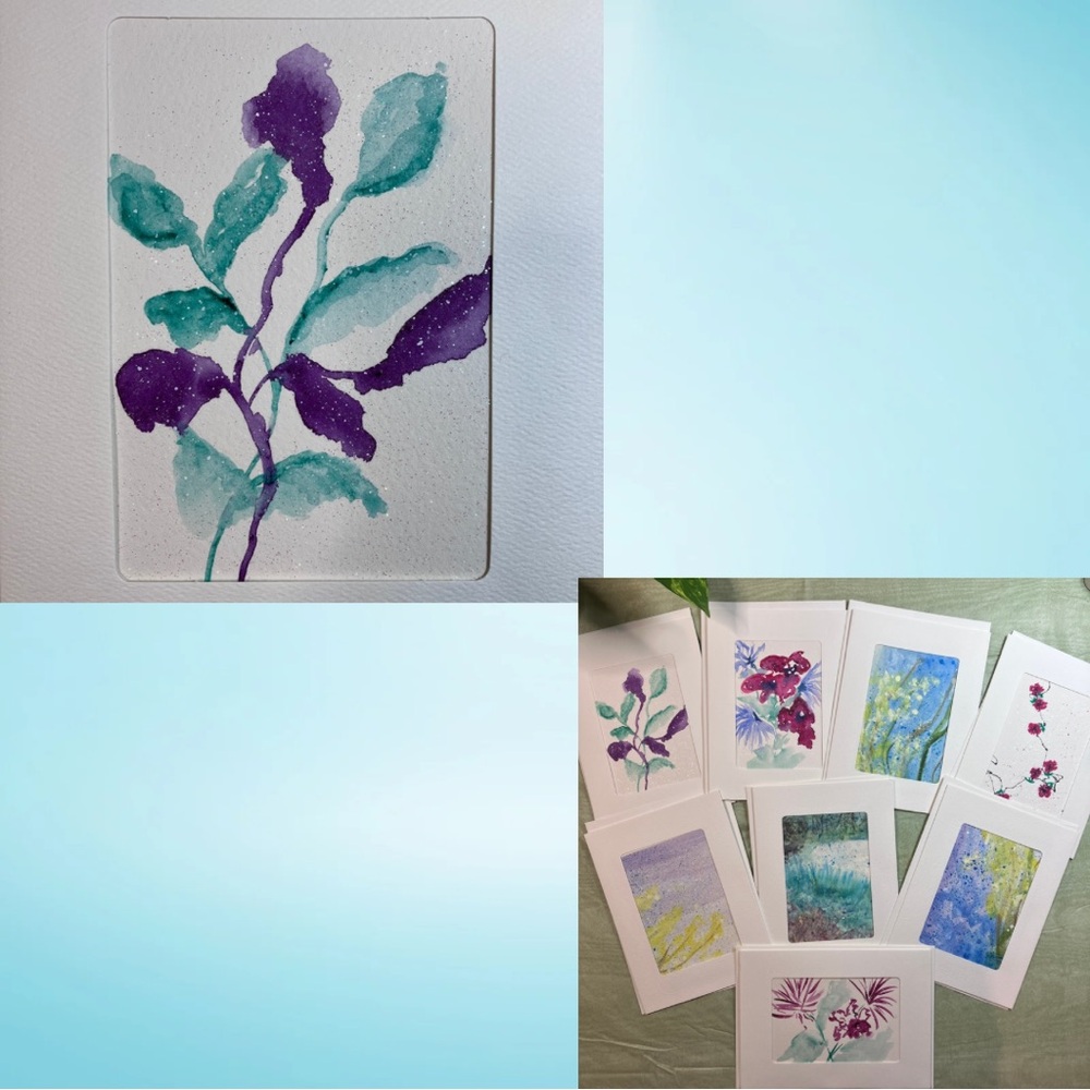 Hand Painted Watercolor Semi Abstract Floral Blank Greeting Cards Set of 8